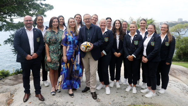 Wallaroos players with the Prime Minister at a funding announcement in February.