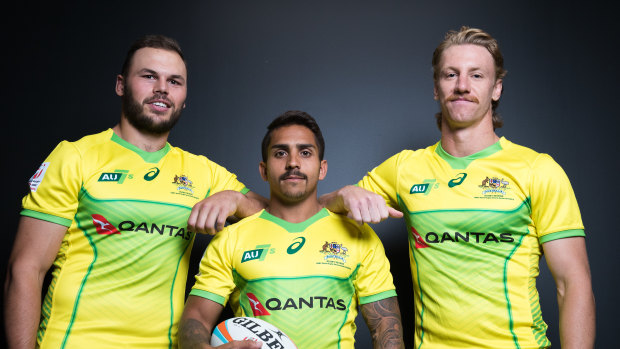 Michael Wells (left) with Australian sevens teammates Maurice Longbottom and Ben O'Donnell. 
