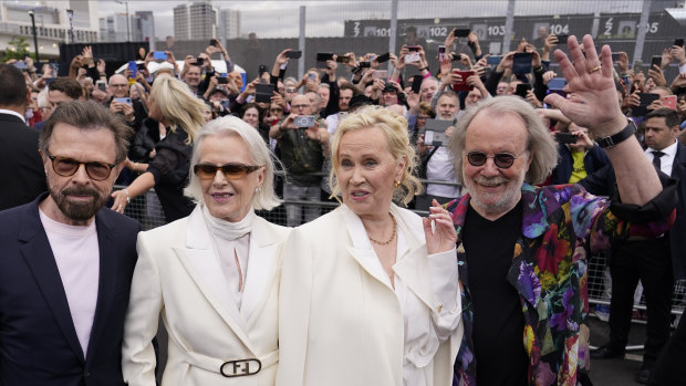 Members of ABBA, from left, Bjorn Ulvaeus, Anni-Frid Lyngstad, Agnetha Faltskog and Benny Andersson arrive for the ABBA Voyage concert in May last year. 