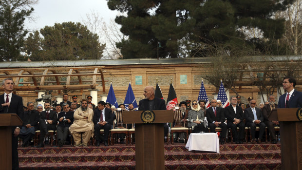 Afghan President Ashraf Ghani, centre, US Secretary of Defence Mark Esper, right, and NATO Secretary General Jens Stoltenberg, left, speak at a joint news conference in Kabul, Afghanistan.