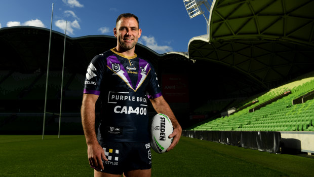 Melbourne Storm great Cameron Smith wears his commemorative jersey at AAMI Park ahead of his 400th NRL match.