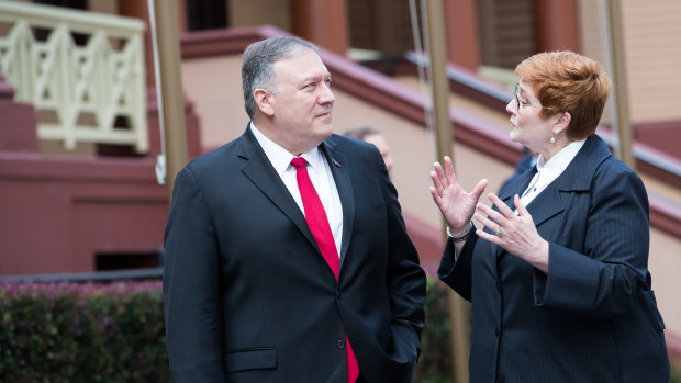 Mike Pompeo and Minister Marise Payne chat outside state Parliament in Sydney.