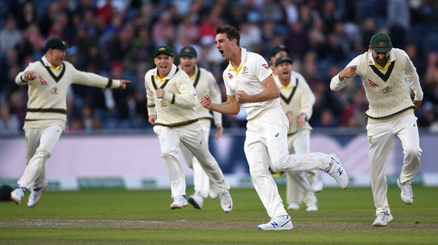 Pat Cummins celebrates dismissing England captain Joe Root during the fourth Test. 