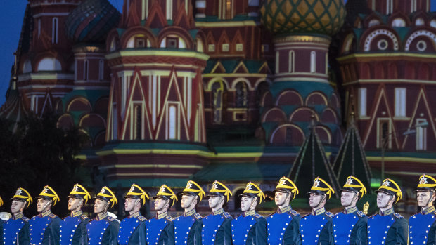 Members of the Russian Honour Guard of the Presidential Regiment rehearse for a military music festival earlier this month. 