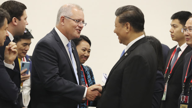 Prime Minister Scott Morrison and  China's President Xi Jinping at the G20 in Osaka. 