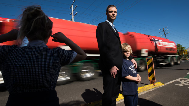 Nikolas Brudenell and his two children are awoken nearly every night, as nearly 700 trucks rattle past their home daily on Hyde Street, due to West Gate Tunnel pre-construction works.