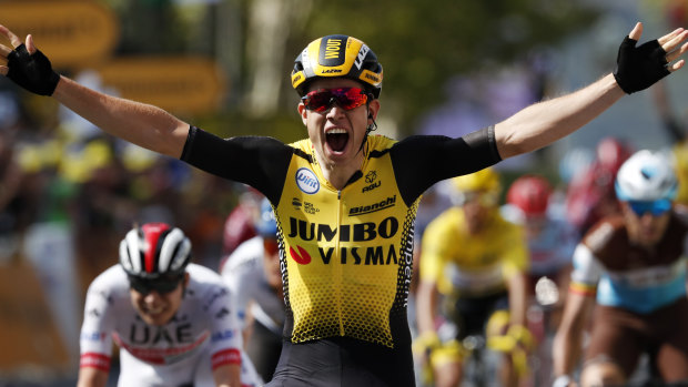 Belgium's Wout Van Aert crossed the finish line first in the tenth stage of the Tour de France.