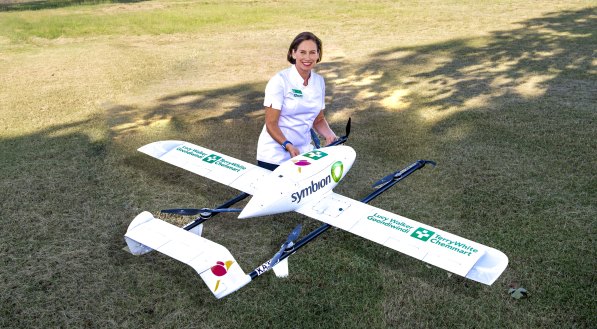 Swoop Aero’s drone ready for flight from Lucy Walker’s pharmacy in Goondiwindi.