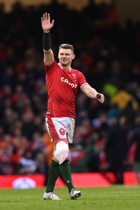 Wales player Dan Biggar waves to the crowd after his 100th Test.