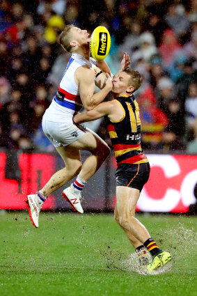Lachie Hunter of the Bulldogs Adelaide's David Mackay compete in the air.