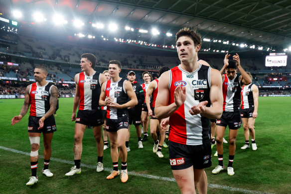 Jack Steele of the Saints leaves the field after the win over Geelong.