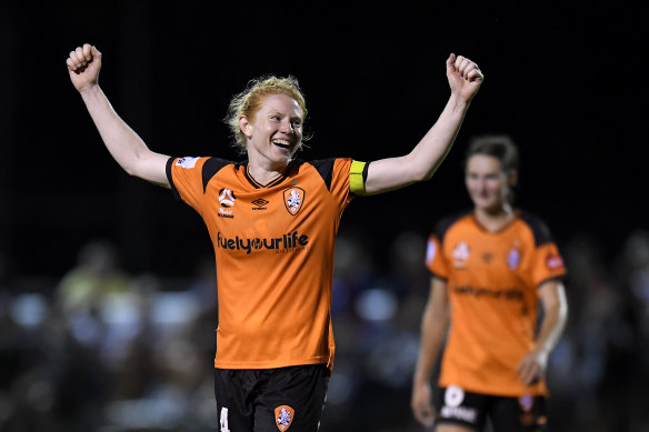 Brisbane Roar skipper and Matildas defender Clare Polkinghorne celebrates after their 6-0 win over Melbourne Victory.