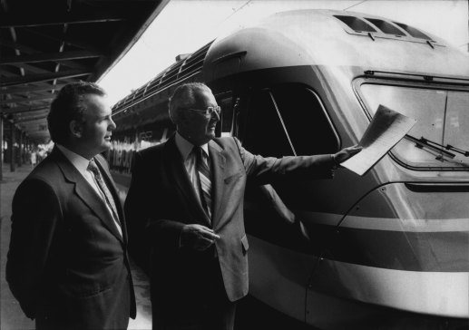 Transport Minister Mr. Cox introduced the XPT train at Central Station to Press today. February 1, 1982. 