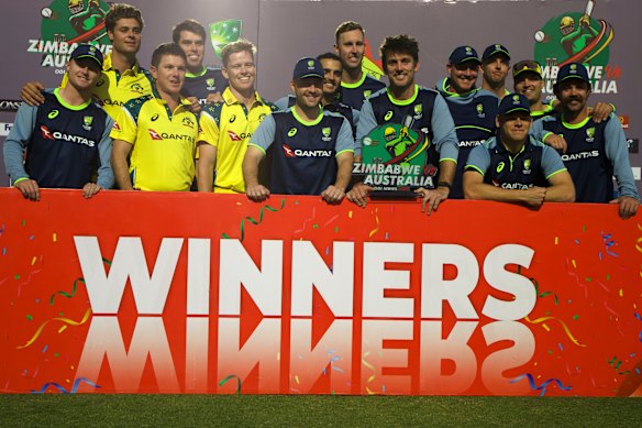 Australian captain Mitch Marsh with his teammates after winning the ODI series 3-0.