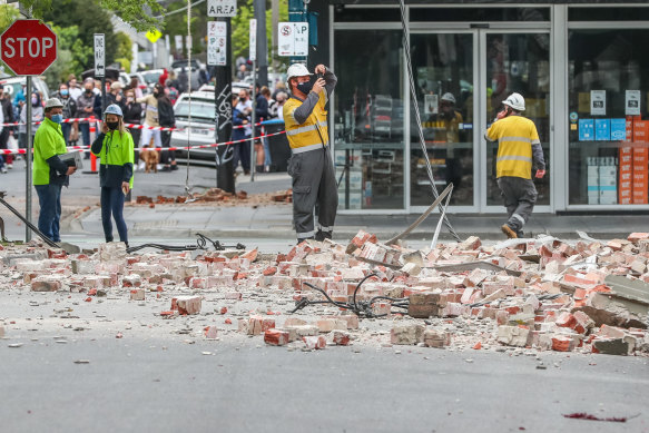Buildings along Chapel Street in Melbourne were damaged in Wednesday’s earthquake.