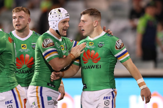 George Williams celebrates after scoring one of two tries against Cronulla last weekend.