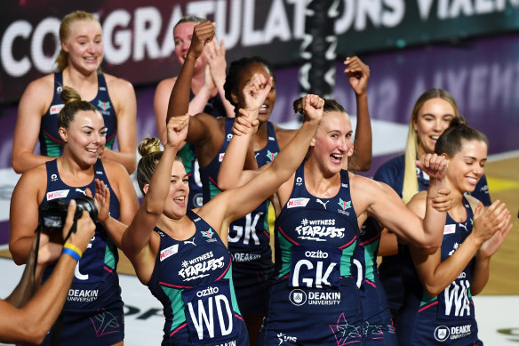 The Vixens celebrate their premiership.