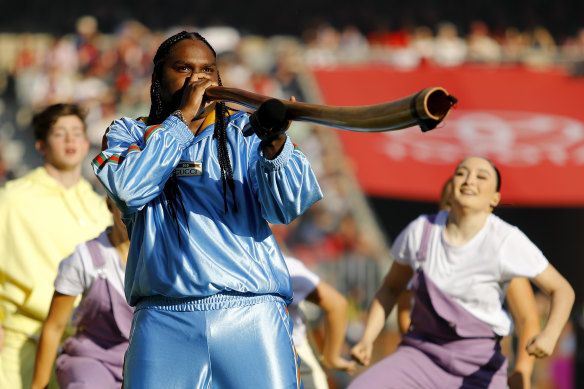 Baker Boy performs during the 2021 Toyota AFL grand final in Perth.