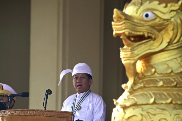 Senior general Min Aung Hlaing, head of the military council, speaks during the ceremony marking Myanmar’s 75th anniversary Union Day.