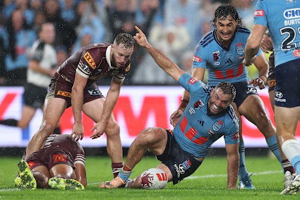 Veteran fullback James Tedesco scores the match-winner for NSW on Wednesday night.