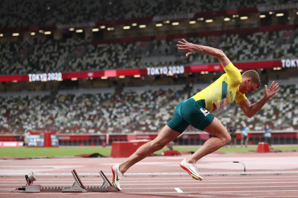 Steven Solomon launches out of the blocks in the semi-final of the men’s 400m event in Tokyo. 