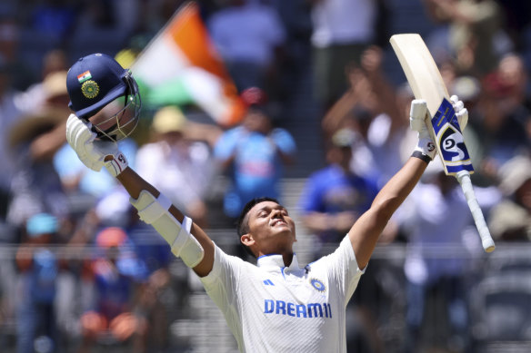 India’s Yashasvi Jaiswal celebrates his century.