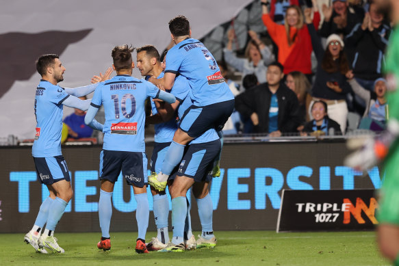 Sydney FC celebrate before Bobo’s goal was disallowed by a VAR review.