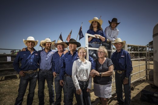 Family ties: the Woodall rodeo family (l-r) Jayden and Lachie Polaski, Tony Woodall, Ron, Toni-Jean Woodall, Tania Woodall, Jack Woodall, (back) Jordja and Sam Woodall at the Bunyip Rodeo.