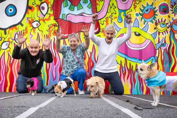 Owners Peter Leed, Ann-Marie Power and Naomi Jones with pups Gigi, Charlie, Gregory and Mickey Rourke in the Edinburgh Castle’s beer garden in Brunswick. 