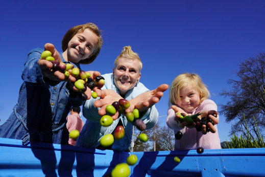The good oil: Robyn Craig flanked by children Minka, 11, and Saski, 5, at the Olives to Oil festival in Newport.