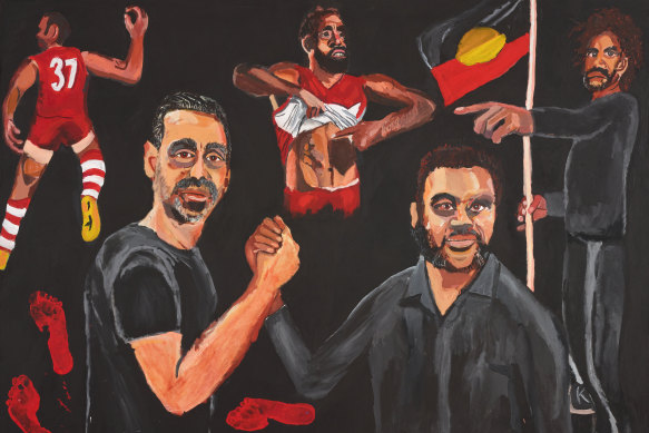 Archibald Prize winner Vincent Namatjira's portrait of Adam Goodes and himself.