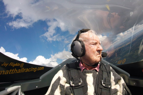 Ron Houghton, aloft two years ago with ex-RAAF combat instructor Matt Hall, now an aerobatics champion.