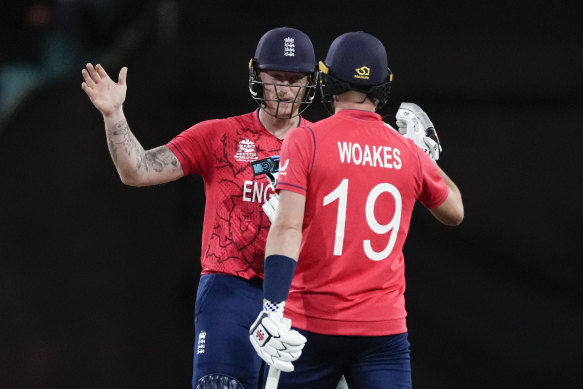 Ben Stokes celebrates with Chris Woakes after hitting the winning runs against Sri Lanka.