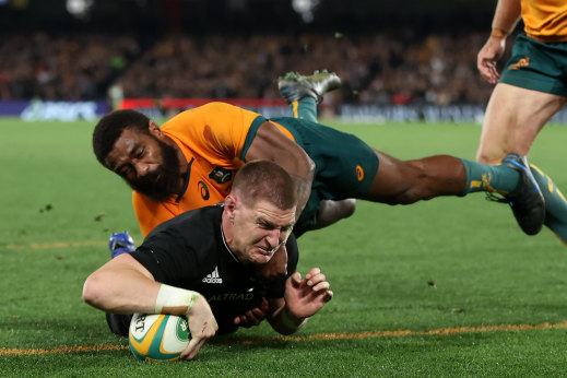 Jordie Barrett scores the match-winner for New Zealand on Thursday night.