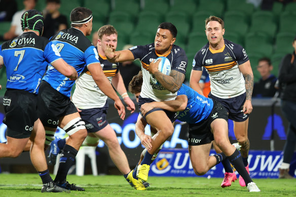 Len Ikitau on the charge for the Brumbies last month.