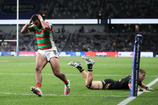 Alex Johnston bombs a certain four-pointer against the Wests Tigers.