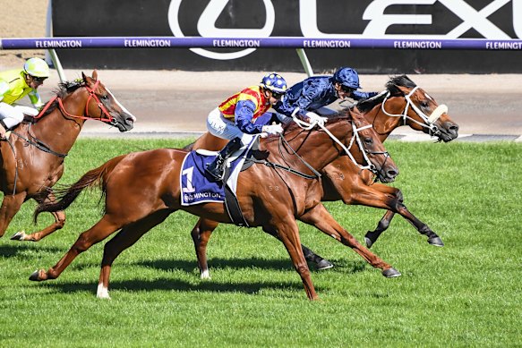 Home Affairs (blue silks) holds off Nature Strip in the 2022 Lightning Stakes. Chris Waller trained both horses.