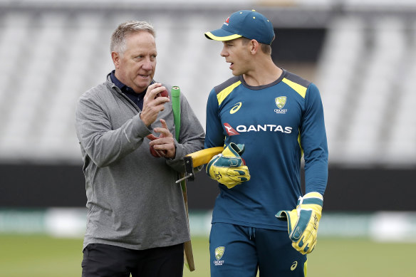 Ian Healy, left, with Tim Paine during last year's Ashes series in England.