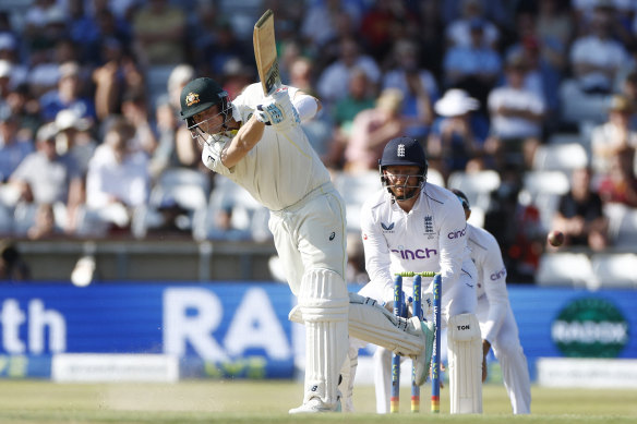 Steve Smith plays a shot off the bowling of England’s Moeen Ali and is caught out by Ben Duckett.