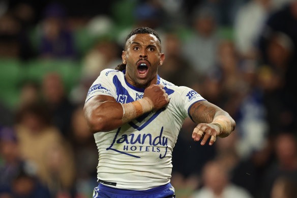 Josh Addo-Carr of the Bulldogs celebrates after scoring a try.