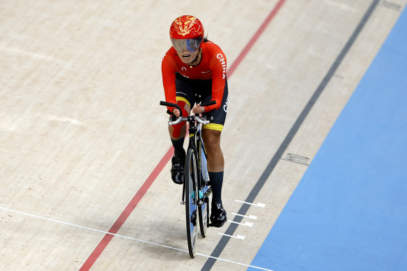 Li Xiaohui competes in the C4-5 500m time trial earlier in the Games.