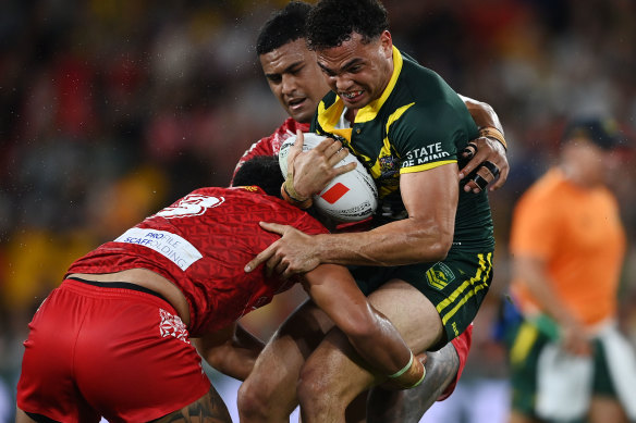 Xavier Coates was brilliantly coming out of back field for the Kangaroos against Tonga.