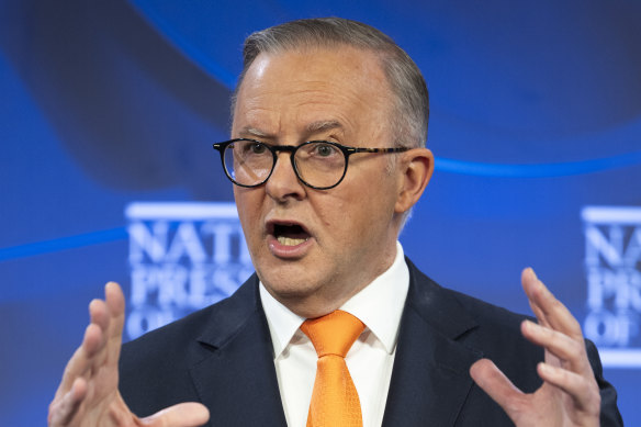 Prime Minister Anthony Albanese during an address to the National Press Club in Canberra on Thursday.
