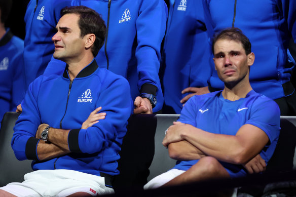 Roger Federer and Rafael Nadal in tears at the end of the match.