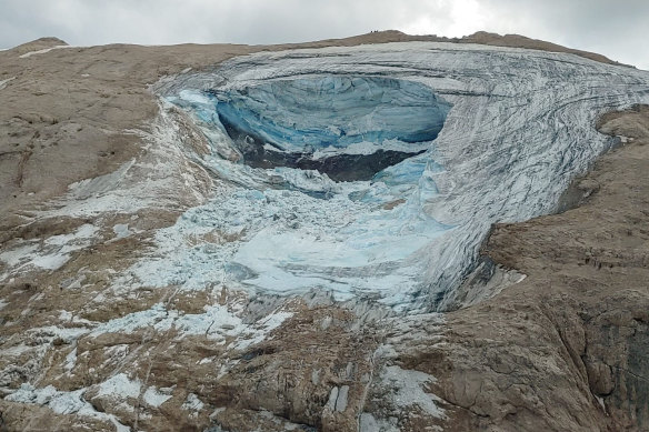 A large chunk of the glacier in Italy’s Alps near Trento in the Dolomite ranges broke loose.