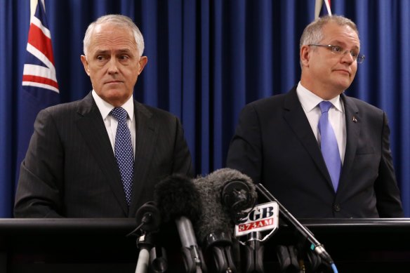 Then prime minister Malcolm Turnbull and then treasurer Scott Morrison during a press conference in Brisbane in 2016.