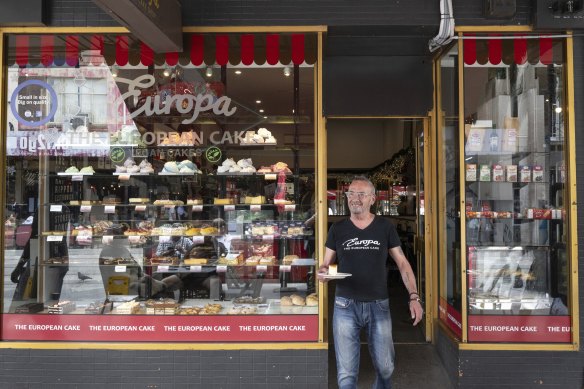 Owner of Europa Cake Shop, Nick Andriotakis, at his Acland Street store. 