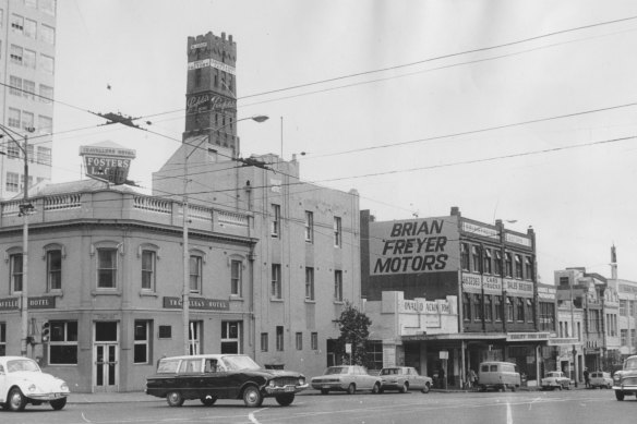 La Trobe Street in 1970 with the shot tower in view.