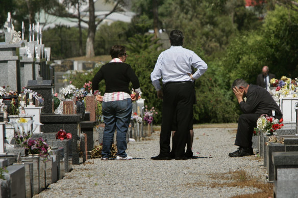 George Halvagis at the Fawkner Cemetery grave where Mersina was murdered. 