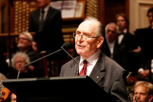 Graham Freudenberg at the state memorial service for  Gough Whitlam in 2014.